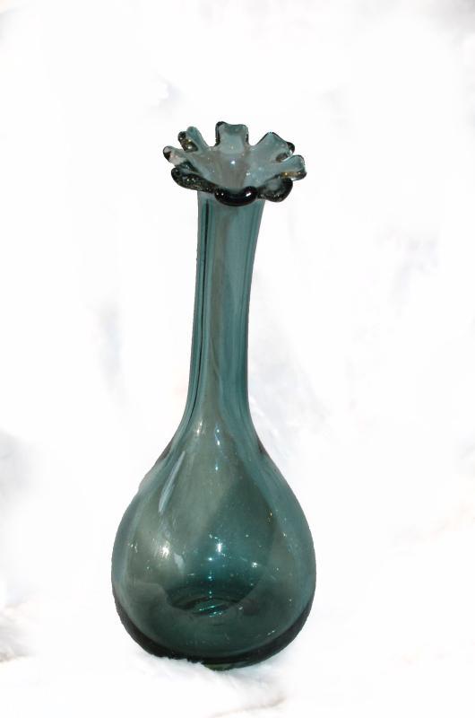 Mid- Century Dark Teal Blown Glass Curved Neck Vase , Blenko, Art Glass