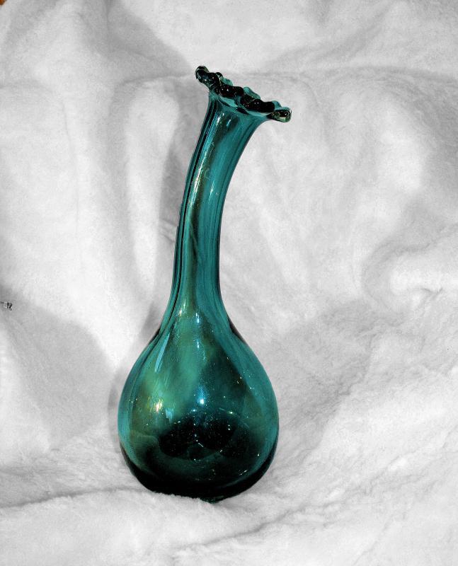 Mid- Century Dark Teal Blown Glass Curved Neck Vase , Blenko, Art Glass