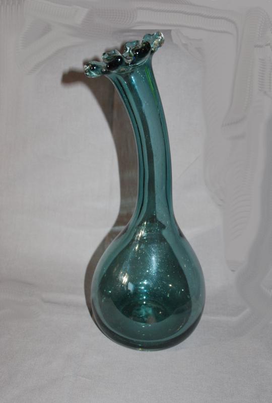 Mid- Century Dark Teal Blown Glass Curved Neck Vase , Blenko, Art Glass