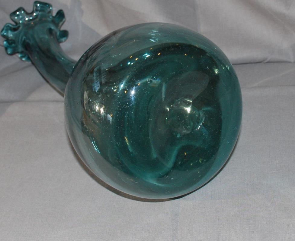 Mid- Century Dark Teal Blown Glass Curved Neck Vase , Blenko, Art Glass