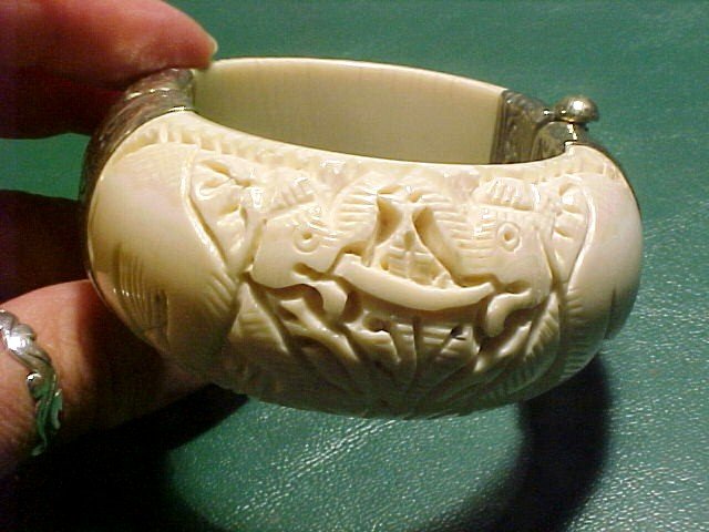 Massive Tusk Ivory & Silver Hinged Bracelet with Deeply Carved Elephants
