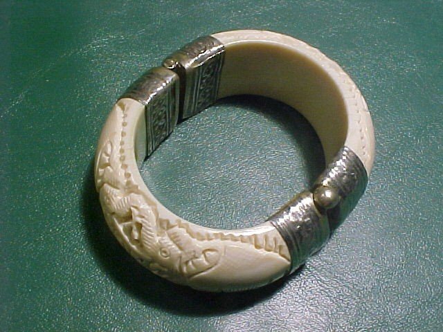 Massive Tusk Ivory & Silver Hinged Bracelet with Deeply Carved Elephants
