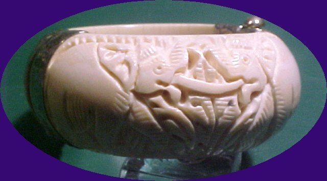 Massive Tusk Ivory & Silver Hinged Bracelet with Deeply Carved Elephants
