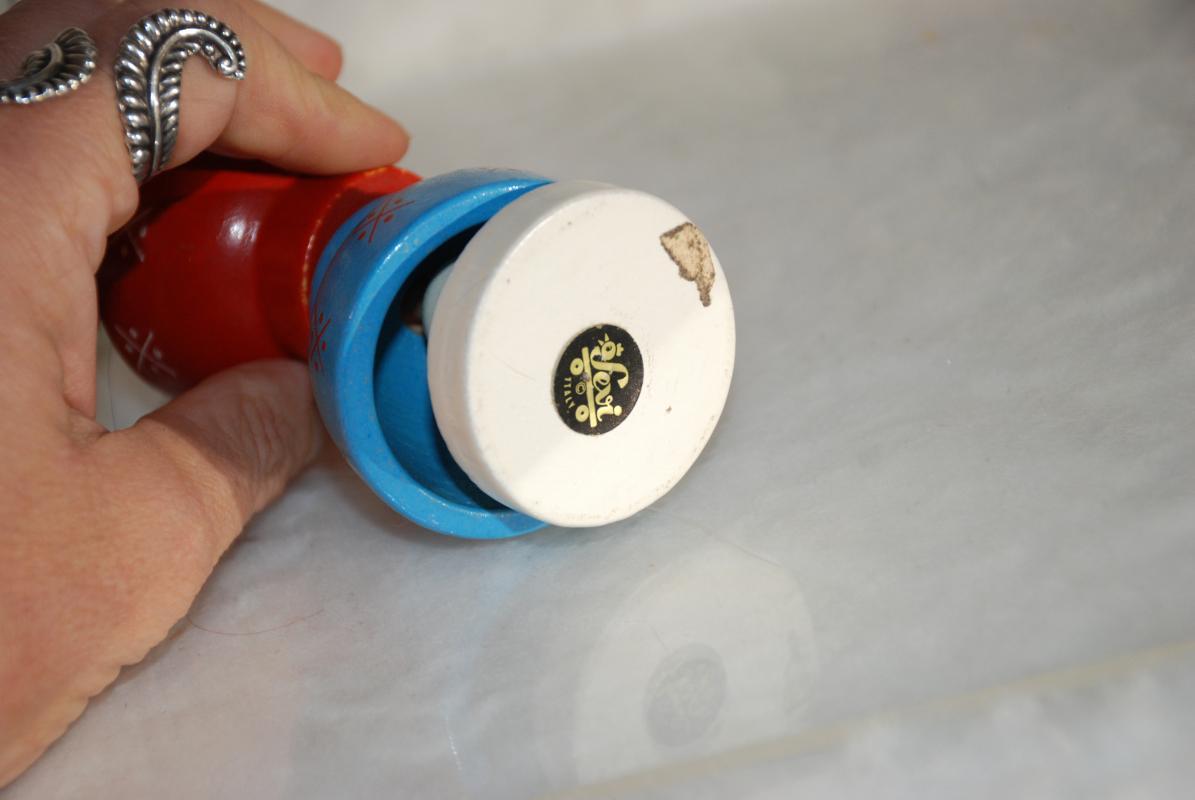 Folk Art Ethnic Woman Wood Rattle Fidget Toy Italian Sevi Wood Toys, Hand painted