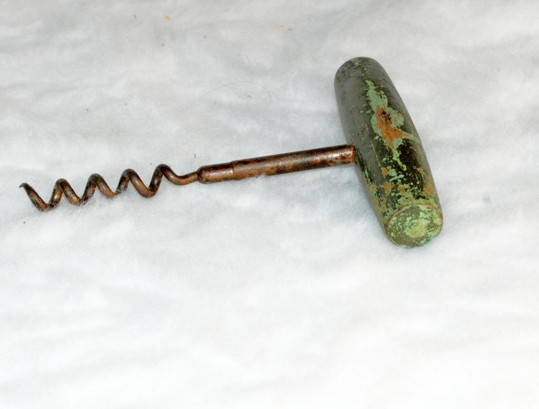 Antique Iron Cork Screw with Wood Handle, Great Patina , worn paint Hand Made