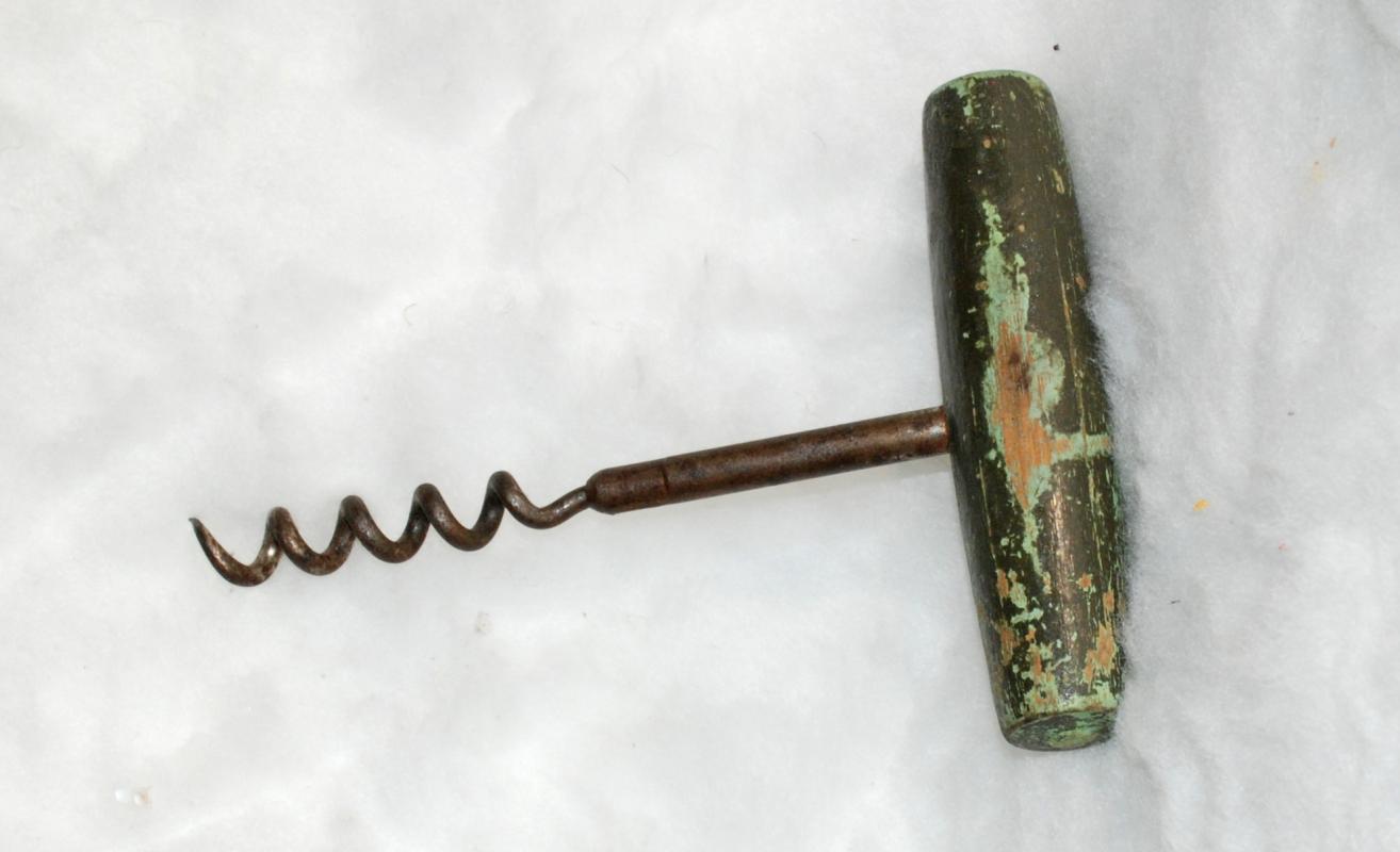 Antique Iron Cork Screw with Wood Handle, Great Patina , worn paint Hand Made