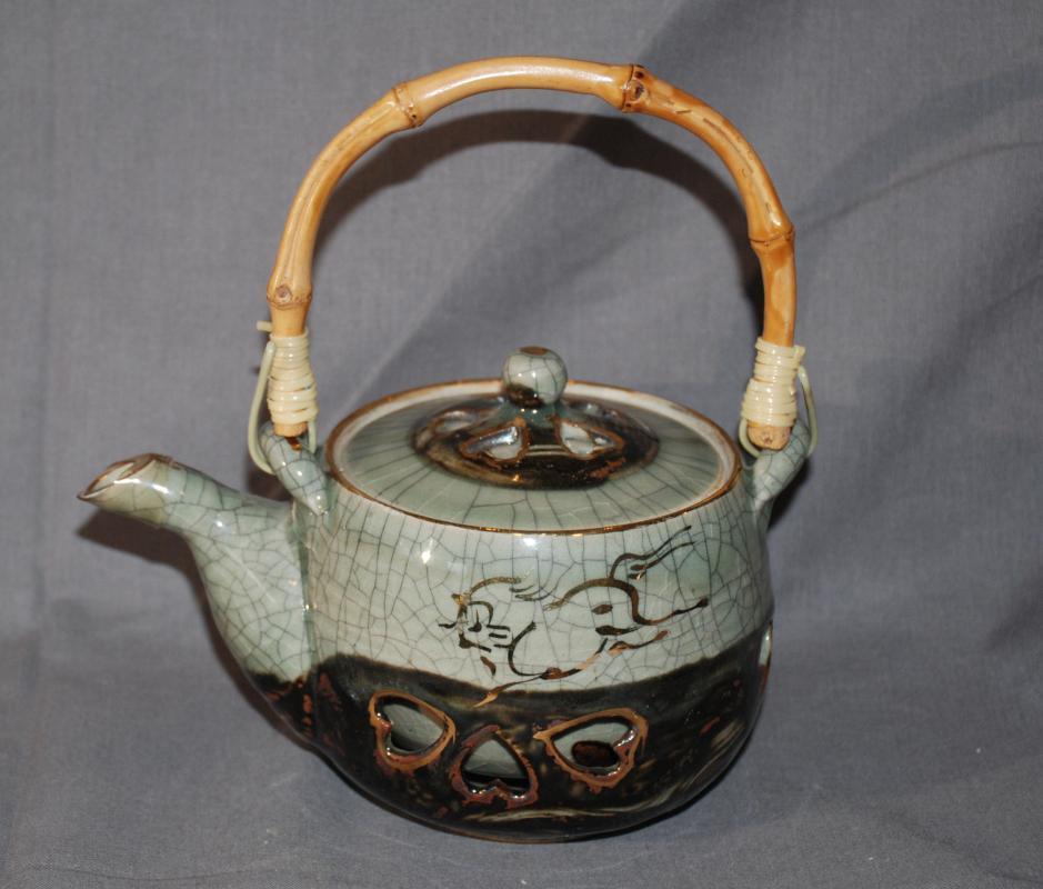 VINTAGE JAPANESE SOMAYAKI DOUBLE WALL GREEN TEA POT Galloping horse / HEART AOHIBI CERAMIC with 3 matching cups