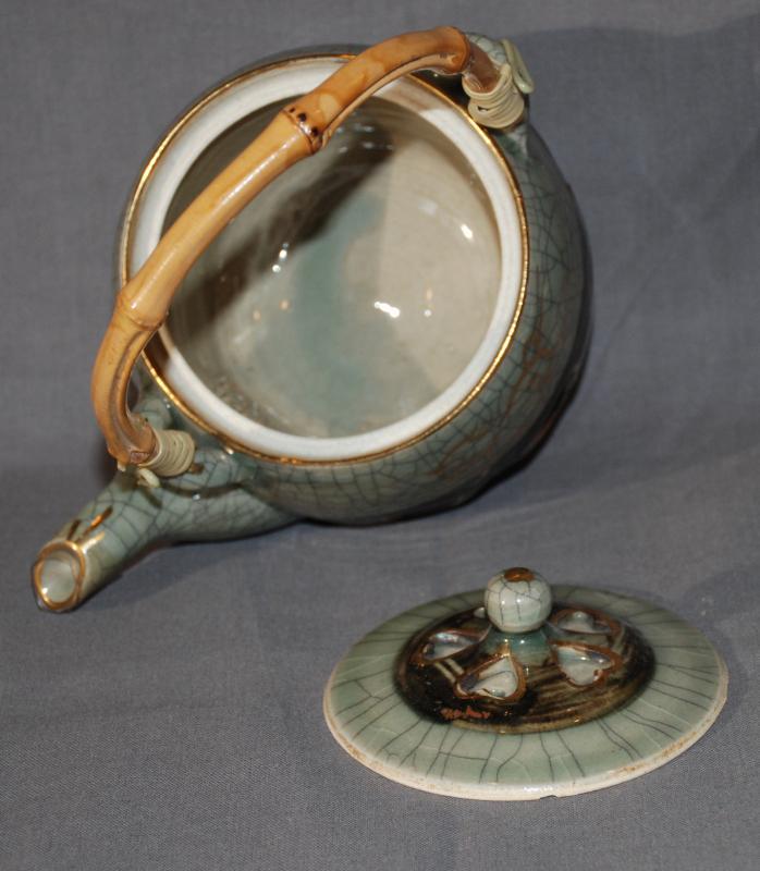 VINTAGE JAPANESE SOMAYAKI DOUBLE WALL GREEN TEA POT Galloping horse / HEART AOHIBI CERAMIC with 3 matching cups