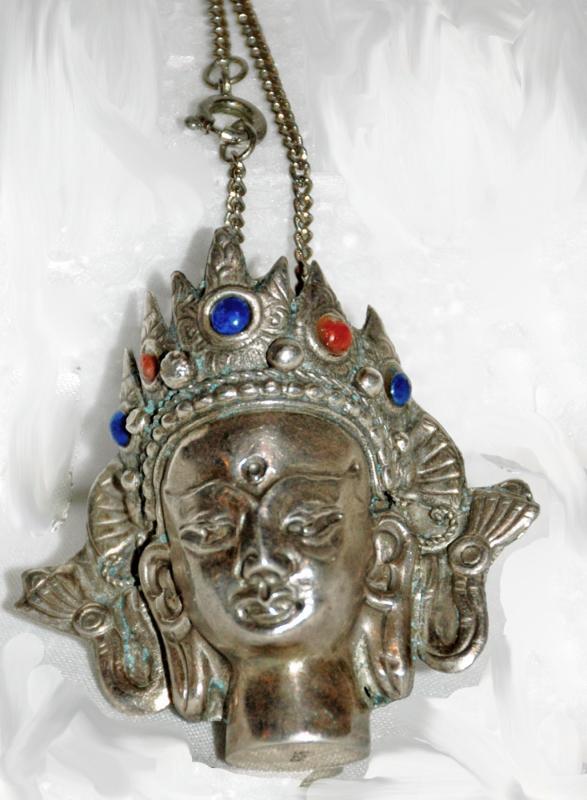 PENDANT CHENREZIG BUDDHA STERLING SILVER with LAPIS AND CORAL NEPAL Large 3D