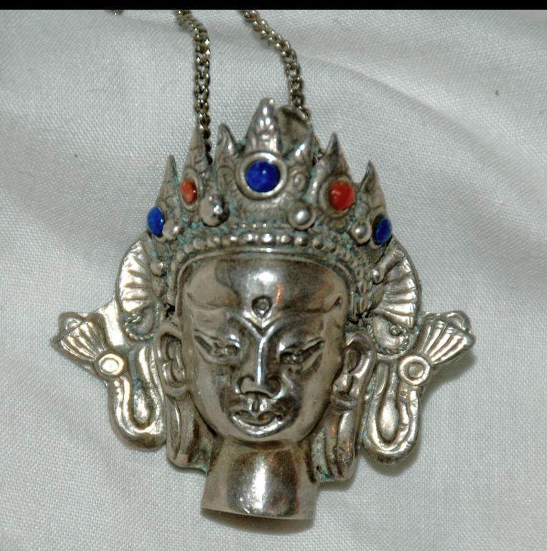 PENDANT CHENREZIG BUDDHA STERLING SILVER with LAPIS AND CORAL NEPAL Large 3D