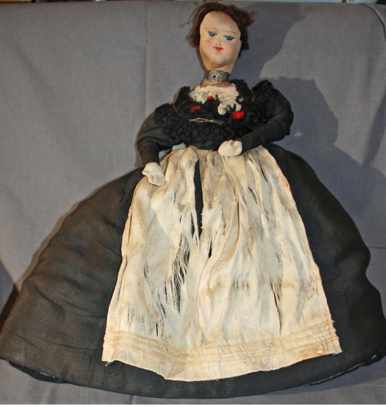 Antique Cloth Doll Tea Cozy with Black Dress, Lace and Glass Beads Russian