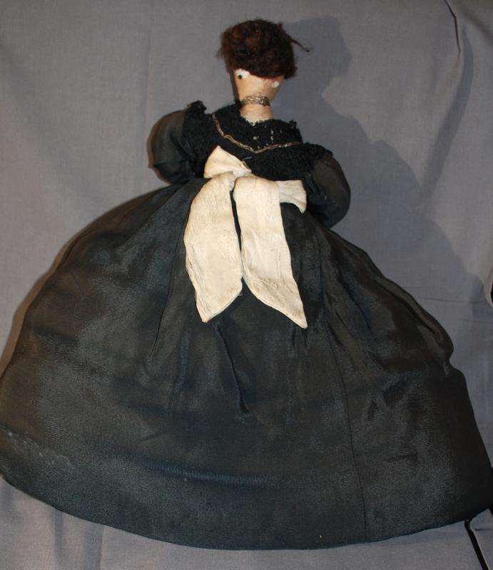 Antique Cloth Doll Tea Cozy with Black Dress, Lace and Glass Beads Russian