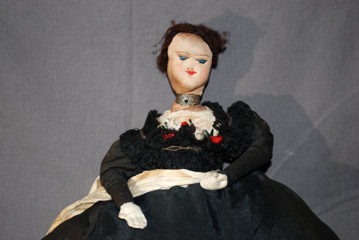 Antique Cloth Doll Tea Cozy with Black Dress, Lace and Glass Beads Russian