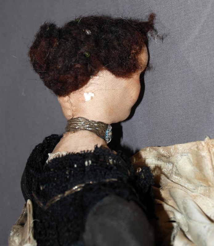 Antique Cloth Doll Tea Cozy with Black Dress, Lace and Glass Beads Russian