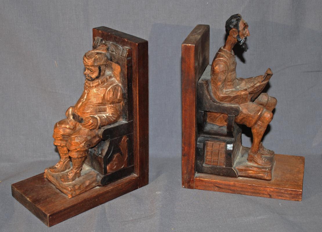 Pair of Carved Bookends Don Quixote, the nobleman from La Mancha with his servant Sancho Panza in a beautiful wood carving, made in Spain.