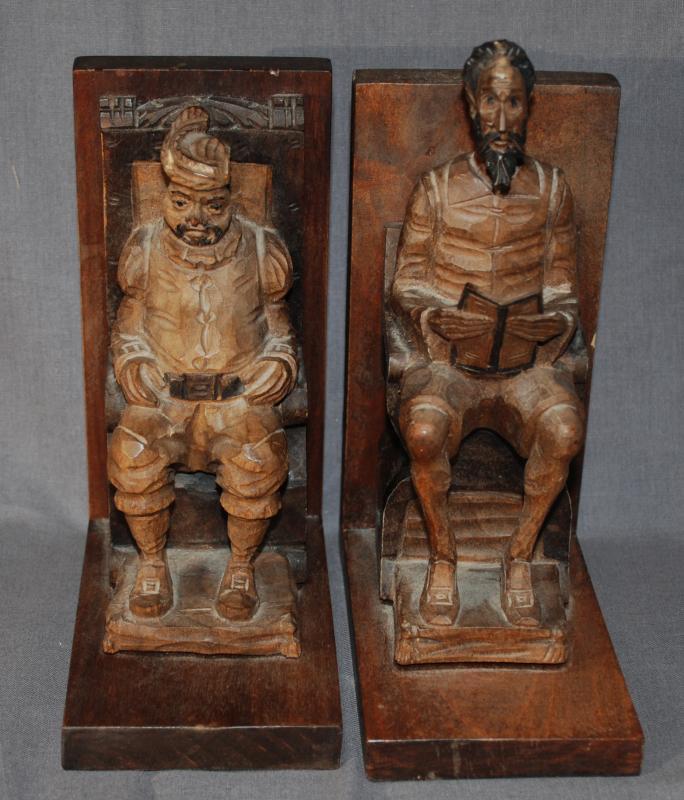 Pair of Carved Bookends Don Quixote, the nobleman from La Mancha with his servant Sancho Panza in a beautiful wood carving, made in Spain.