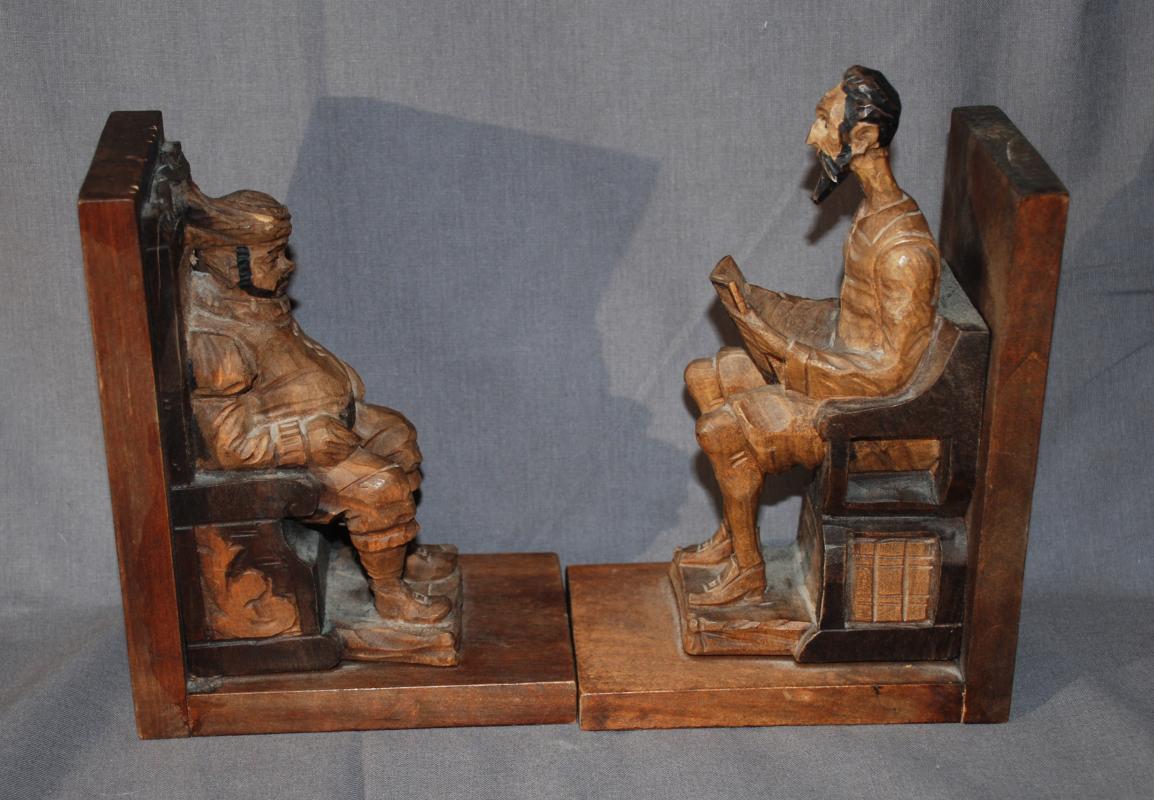 Pair of Carved Bookends Don Quixote, the nobleman from La Mancha with his servant Sancho Panza in a beautiful wood carving, made in Spain.