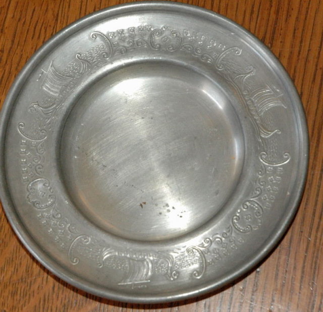 Old Vestinn Norway Pewter Dish with Viking ships