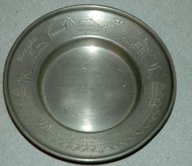 Old Vestinn Norway Pewter Dish City of Bergen on the rim
