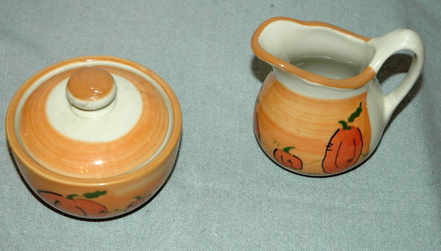 Fall Pumpkin Motif Creamer and Sugar Bowl
