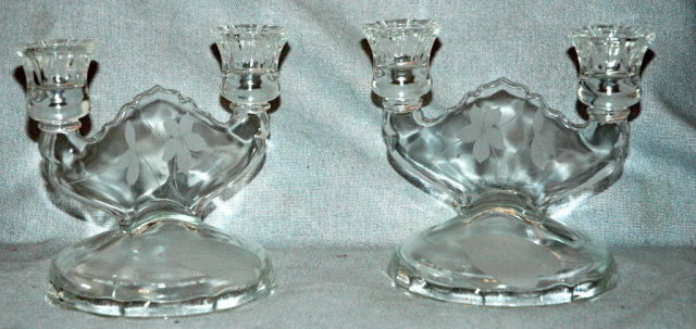 Pair of Etched Jeanet Glass Dual Candlesticks