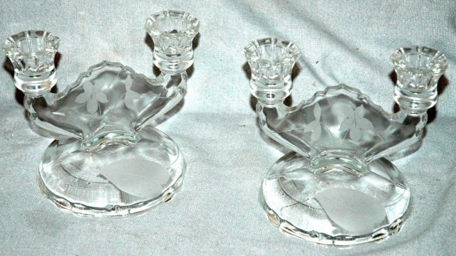 Pair of Etched Jeanet Glass Dual Candlesticks