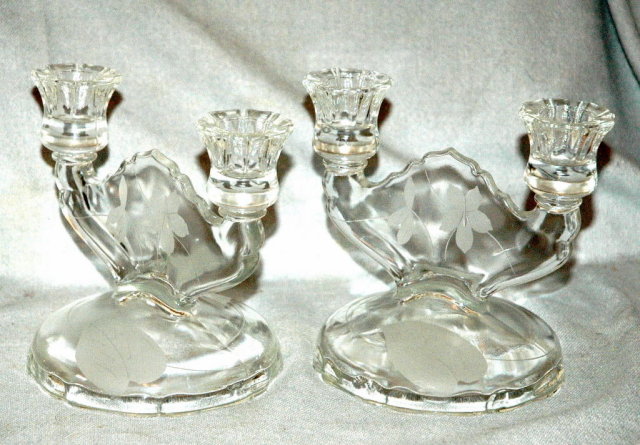 Pair of Etched Jeanet Glass Dual Candlesticks