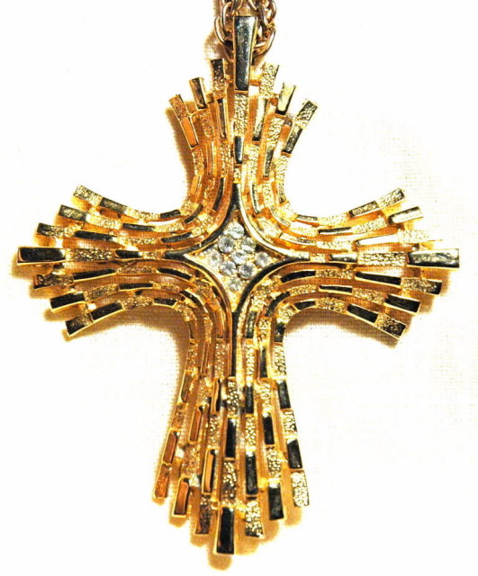 Large Gold Tone Stylized Cross Crucifix Pendant with Cluster of White Rhinestones in Center