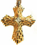 Large Gold Tone Stylized Cross Crucifix Pendant with Cluster of White Rhinestones in Center