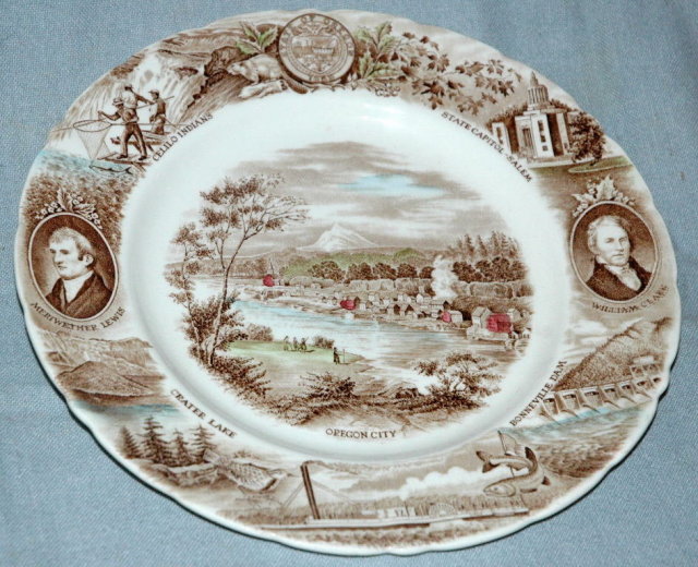 SOUVENIR PLATE Brown with Color Tint Transfereware Oregon * PRICE REDUCTION !! PRICE REDUCED !