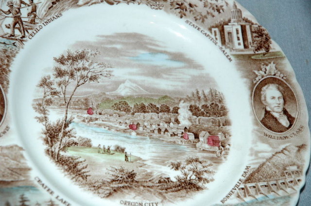SOUVENIR PLATE Brown with Color Tint Transfereware Oregon * PRICE REDUCTION !! PRICE REDUCED !