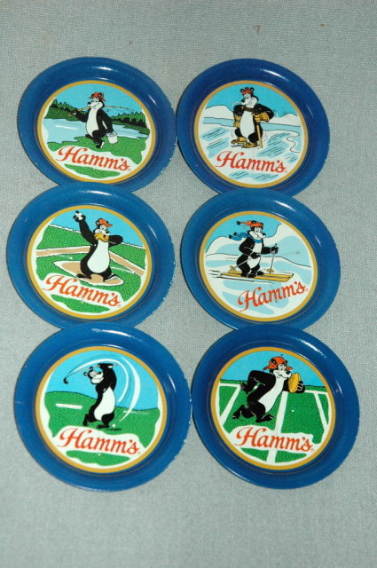 6 Hamm's Beer Bear Metal Coasters 1981 Olympia Brewing Company Tumwater Washington