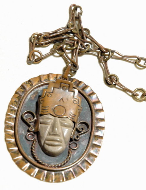 Old Mexican Stone Mask Copper Medallion on Chain