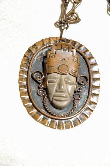 Old Mexican Stone Mask Copper Medallion on Chain