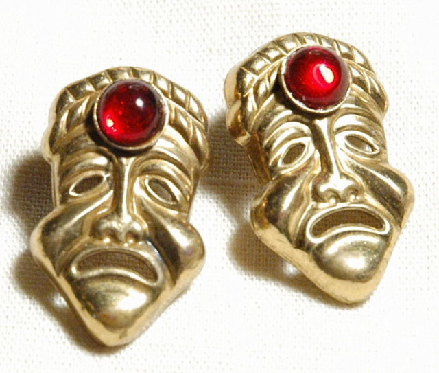 Bizarre Brass Jeweled Sad Face Mask Earrings