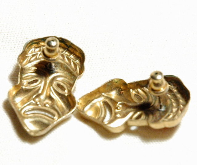 Bizarre Brass Jeweled Sad Face Mask Earrings