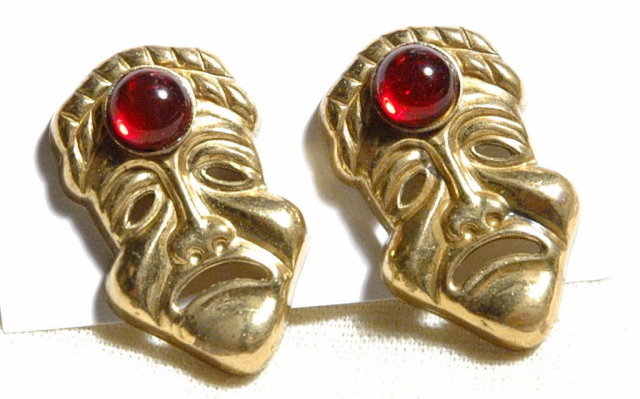 Bizarre Brass Jeweled Sad Face Mask Earrings