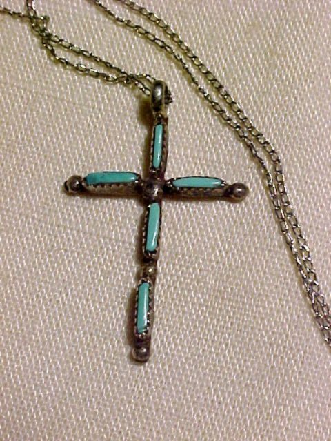 Old Native American Sterling Silver Turquoise Cross Pendent Necklace
