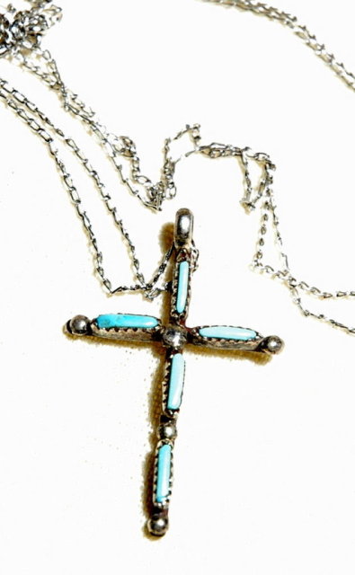Old Native American Sterling Silver Turquoise Cross Pendent Necklace