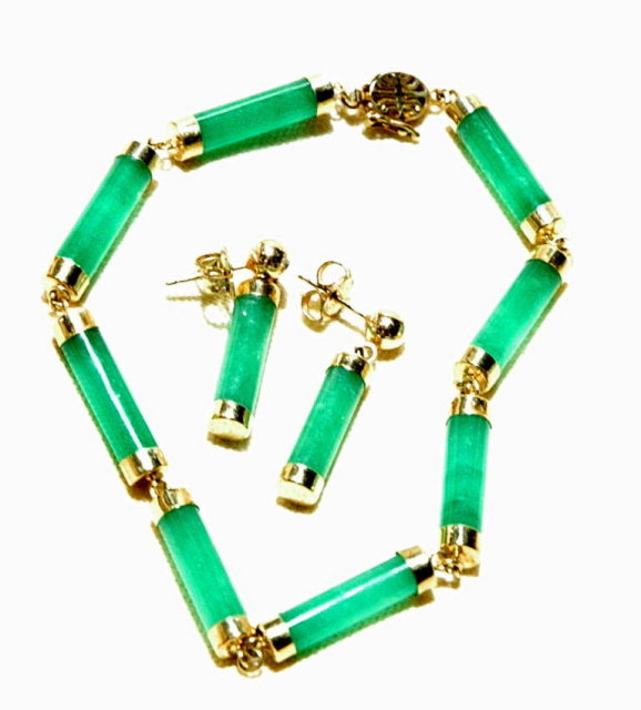 14K Gold & Chrysoprase Bracelet & Earrings set