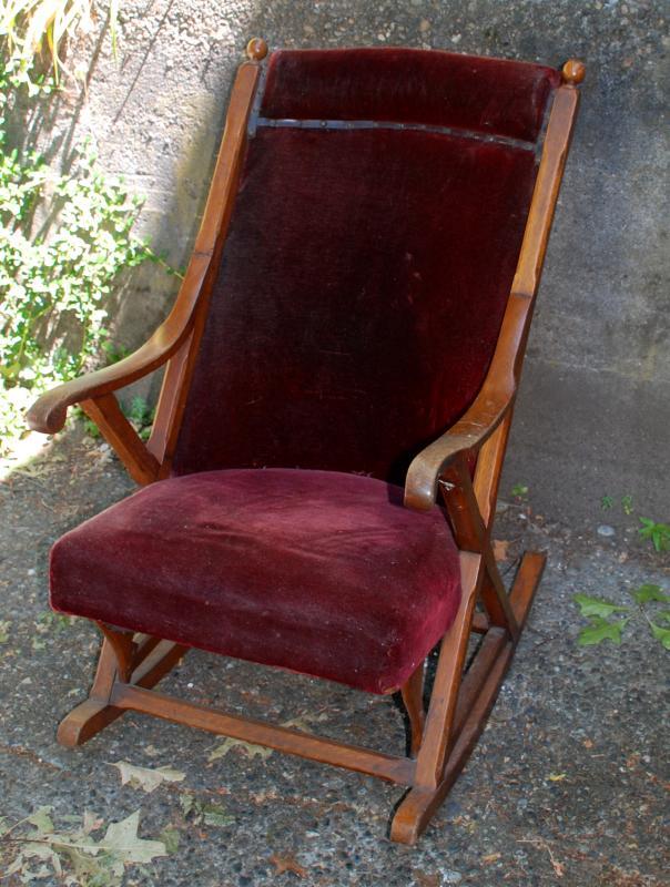 Antique Oak Rocking Chair with Original Red Velvet Upholstery