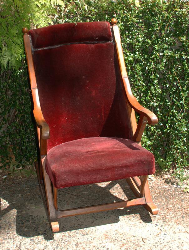 Antique Oak Rocking Chair with Original Red Velvet Upholstery