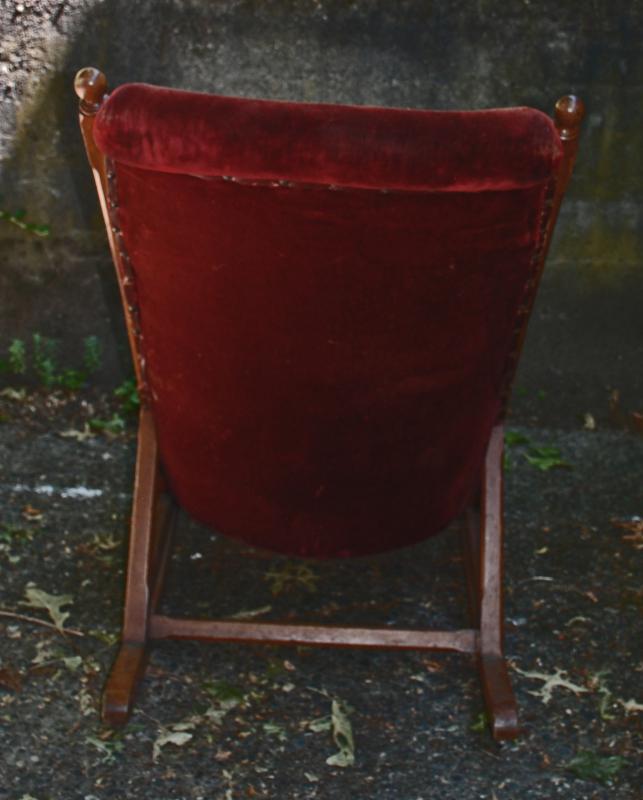 Antique Oak Rocking Chair with Original Red Velvet Upholstery