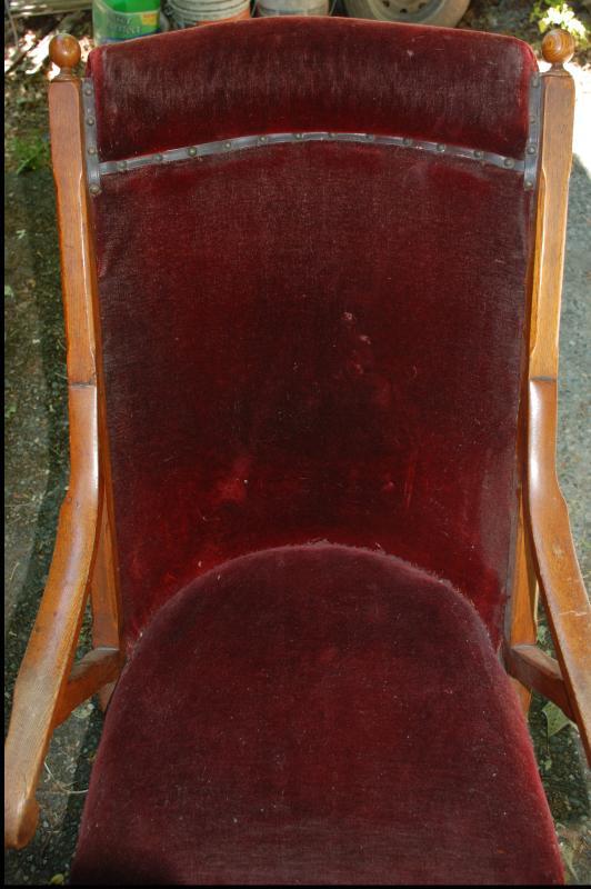 Antique Oak Rocking Chair with Original Red Velvet Upholstery