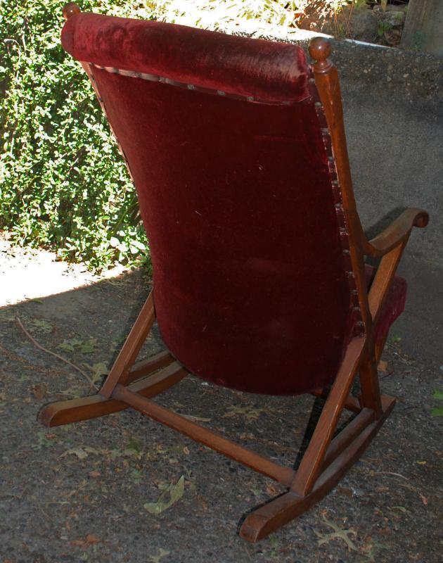 Antique Oak Rocking Chair with Original Red Velvet Upholstery