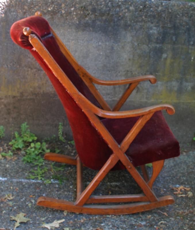 Antique Oak Rocking Chair with Original Red Velvet Upholstery