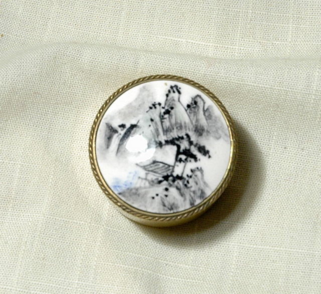 Round Brass Trinket Box Porcelain top with Guilin Landscape