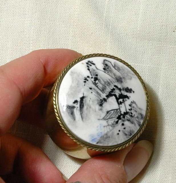 Round Brass Trinket Box Porcelain top with Guilin Landscape