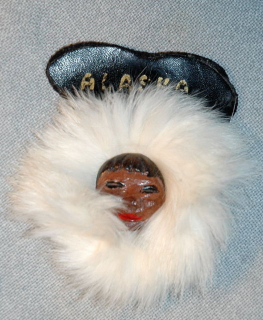 Alaska Eskimo Souvenir Face Pin with real fur