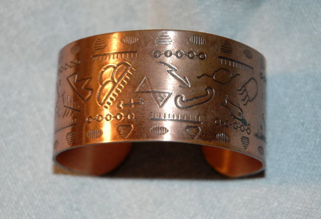 Native American Crafted Copper Cuff Bracelet with Petroglyphs Design